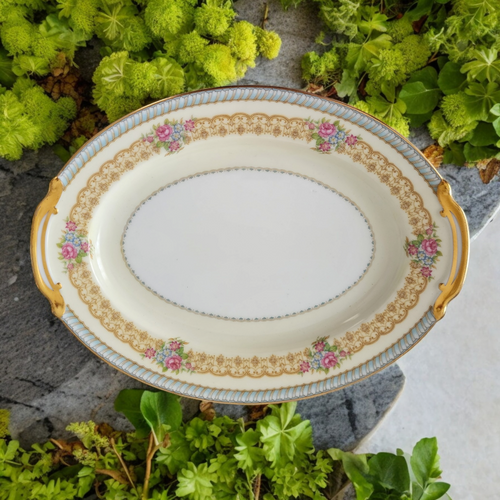 11" Noritake Juno Blue & Tan Band Flowers Tan Scrolls Oval Serving Platter