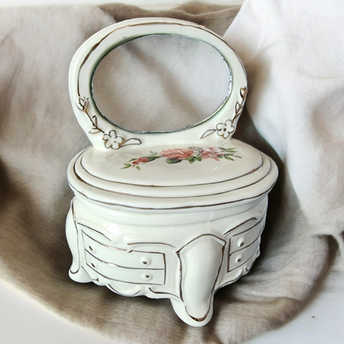 Ceramic Floral Dresser With Mirror Jewelry Ring Vanity Trinket Box