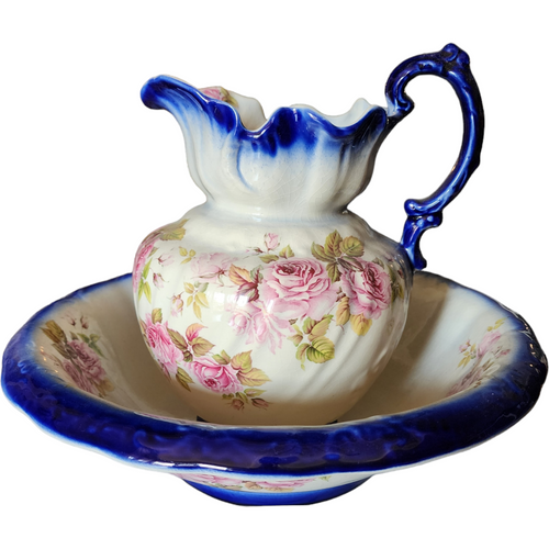 Victorian Cobalt White Floral Porcelain Wash Stand Set Pitcher & Bowl