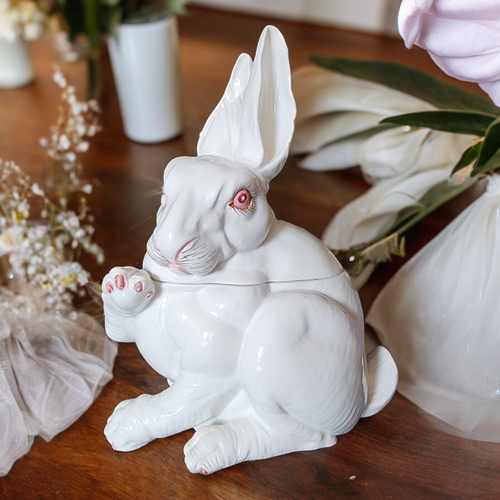Vintage Italian Porcelain Rabbit Figurine Cookie Jar with Lid