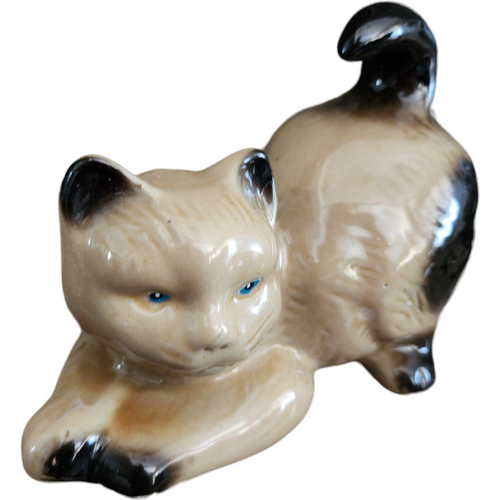 Anheuser-Busc Beige and Tan Brown Cat with Blue Eyes Crouched Cat Figurine