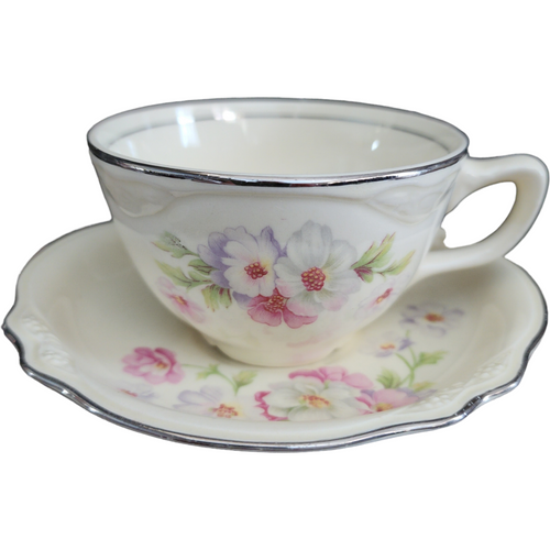 Homer Laughlin Fluffy Rose Pink & White Flowers Flat Cup & Saucer Set