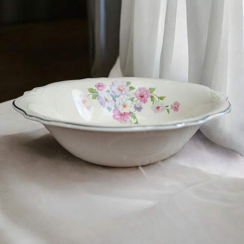 8" Homer Laughlin Fluffy Virginia  Rose Pink & White Flowers Round Vegetable Bowl