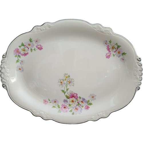 15" Homer Laughlin Fluffy Virginia Rose Platinum Trim Pink & White Flowers Oval Serving Platter