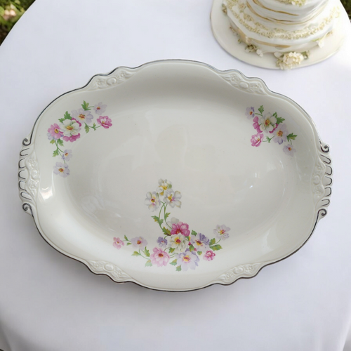 15" Homer Laughlin Fluffy Virginia Rose Platinum Trim Pink & White Flowers Oval Serving Platter