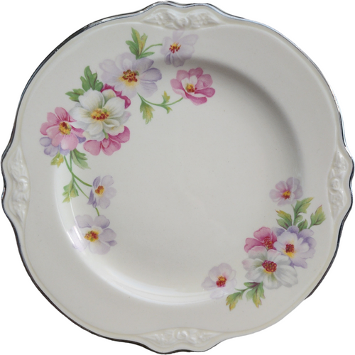 6" Homer Laughlin Fluffy Virginia Rose Platinum Trim Pink & White Flowers Bread & Butter Plate