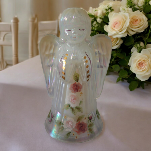Fenton Art Glass Opalescent Iridescent Girl Praying Angel with Hand Painted Florals Figurine