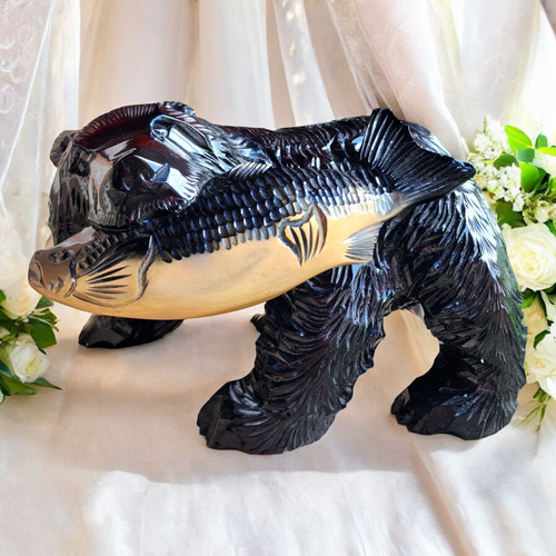 Kibori Kuma Wood Hand Carved Bear with Salmon Japan