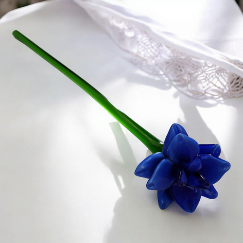 12" Art Glass Cobalt Daffodil Hand Blown Green Stem Flower Murano Style