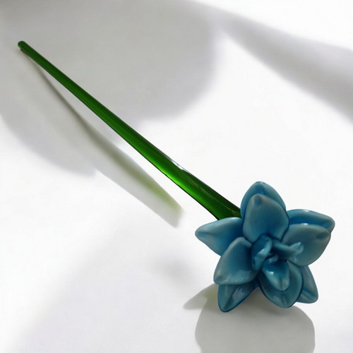 Art Glass Blue Daffodil Hand Blown Green Stem Flower Murano Style