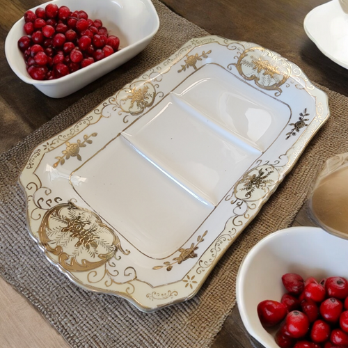 Japan Encrusted Floral Scrolls Scalloped Porcelain Tray