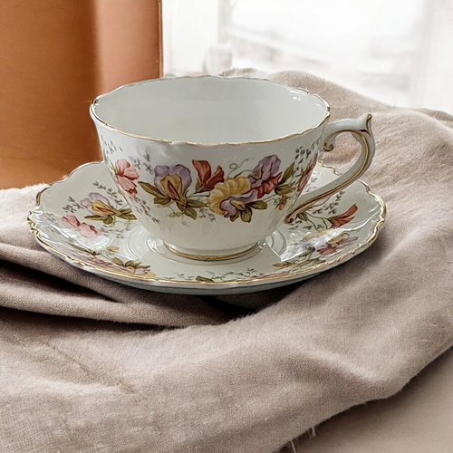 Coalport Marilyn Pink Yellow Purple Flowers Scalloped Footed Cup & Saucer Set