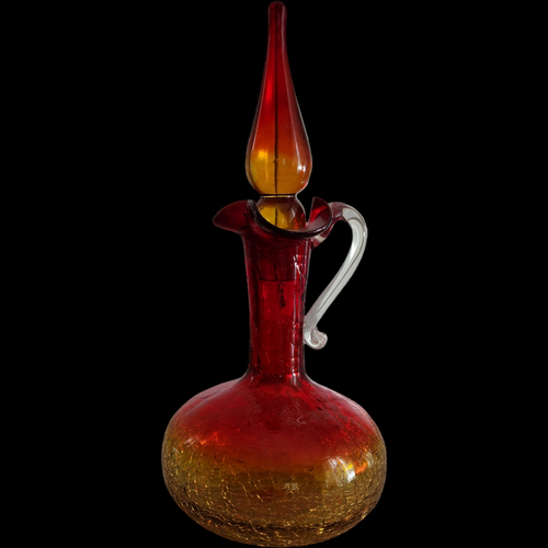 10" Williamsburg Co. Va Crackle Glass Handblown Amberina Creut Decanter