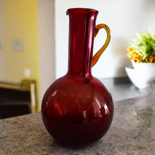 Ruby Red Amberina Optic Glass Pitcher Jug Long Neck Vase Creut Decanter