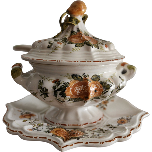 Italian Porcelain Floral Sauce Tureen with Underplate and Ladle Collectible