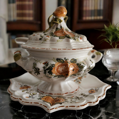 Italian Porcelain Floral Sauce Tureen with Underplate and Ladle Collectible