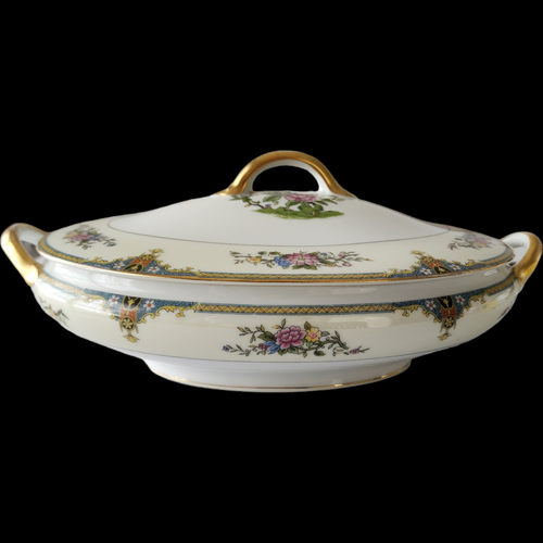 Noritake Florals Cream Band Blue & Yellow Edge Oval Covered Vegetable