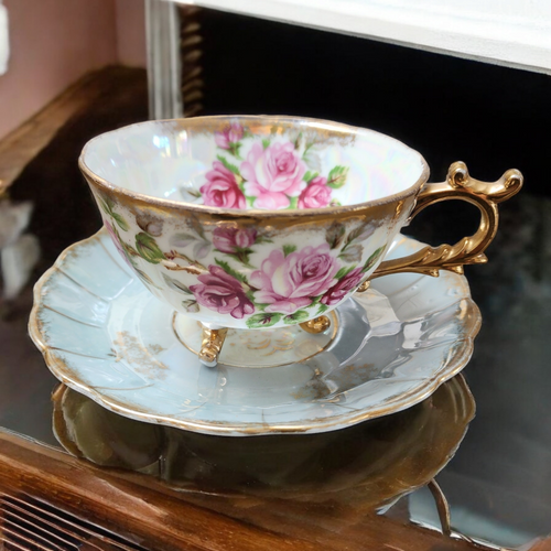 Fan Crest Iridescent Lusterware Gold Mismatched Footed Cup & Saucer Set
