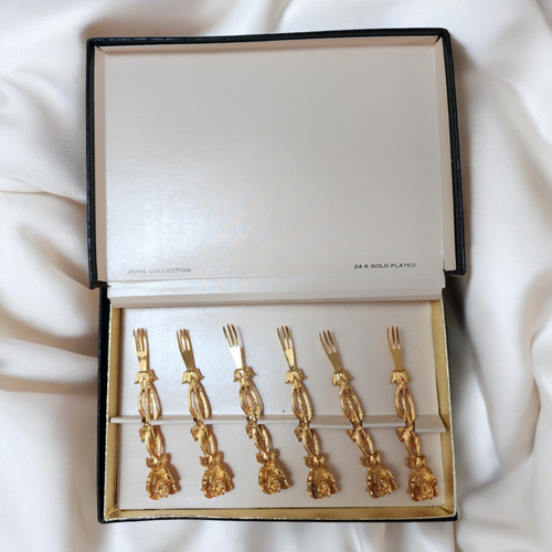 Janis Collection 24 K Gold Plated Cocktail Rose Cocktail Seafood Fork Set of 6