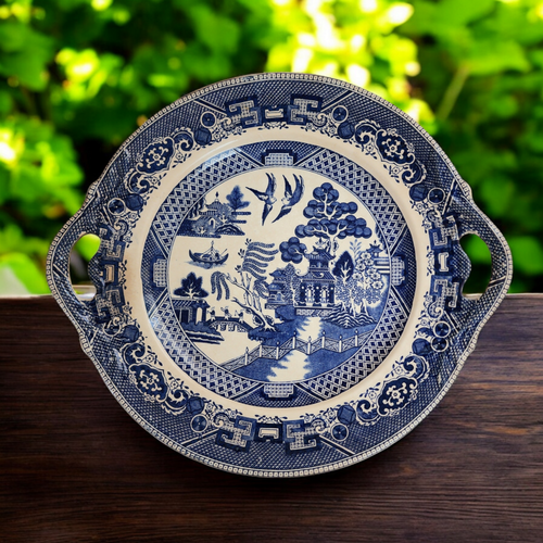 Antique Buffalo Pottery Blue Willow Handled Torte Plate