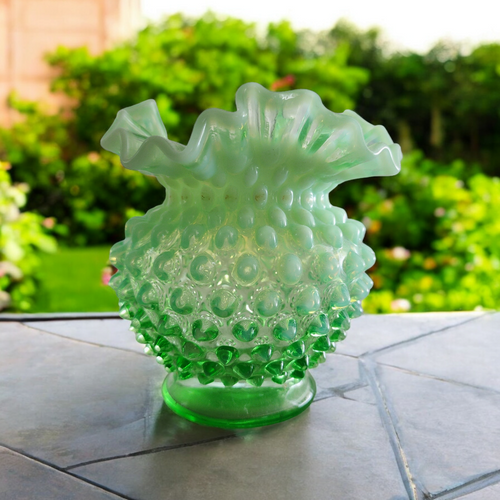 Fenton Hobnail Lime Green Vaseline Opalescent Uranium Miniature Double Crimp Vase