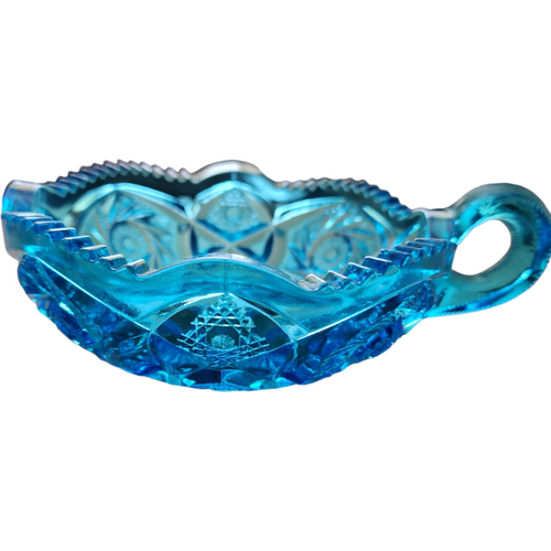 Mckee Blue Kemple Glass Nu Cut Handled Nappy Dish