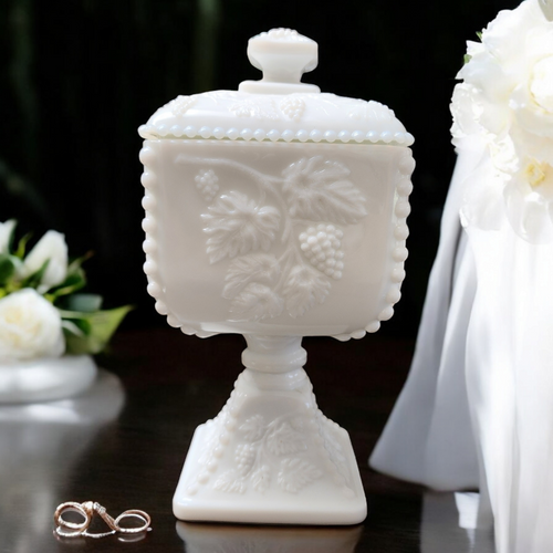 Westmoreland Paneled Grape Milk Glass Bead Large Candy Dish with Lid