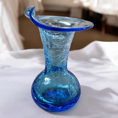 Rainbow Art Glass Blue Crackle Handblown Ruffle Top Mini Bud Vase