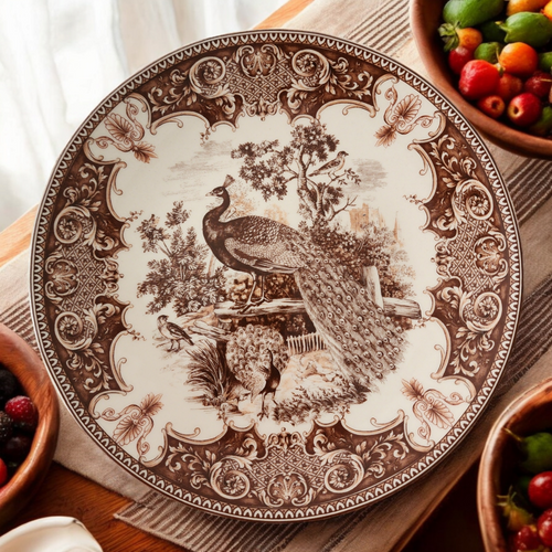 8" Antiche Riproduzioni Italian Brown Transferware Peacock Stoneware Plate