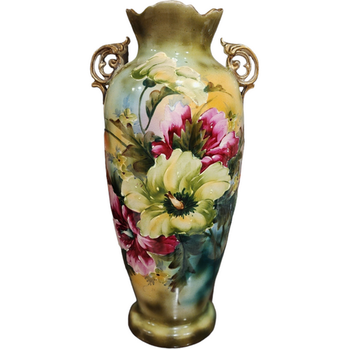 15" Nippon Hand-Painted Floral Designs Designs Scalloped Rim Vase