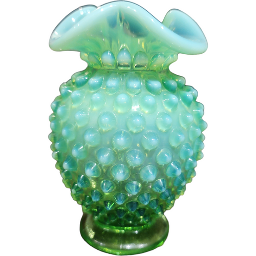 Fenton Hobnail Lime Green Vaseline Opalescent Uranium Miniature Crimped Edge Footed Triangle Vase