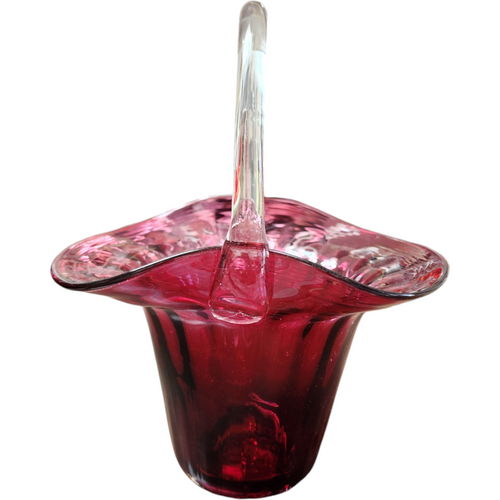 9" Pilgrim Glass Cranberry Optic Handled Basket