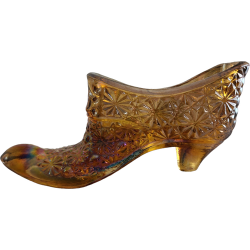 L.E. Smith Amber Gold Daisy & Button Carnival Glass Slipper Vase