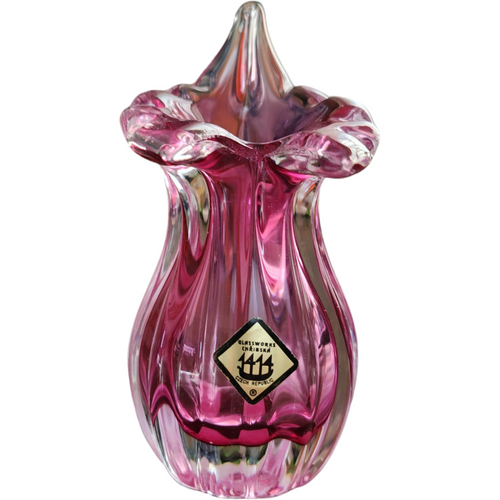 5" Chribska Glassworks Bohemian Art Glass Cranberry Optic Bud Vase