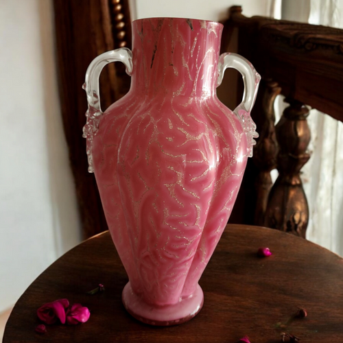 Antique English Pink Spangle Glass Vase with Clear Handles and Mica Flakes Detailing