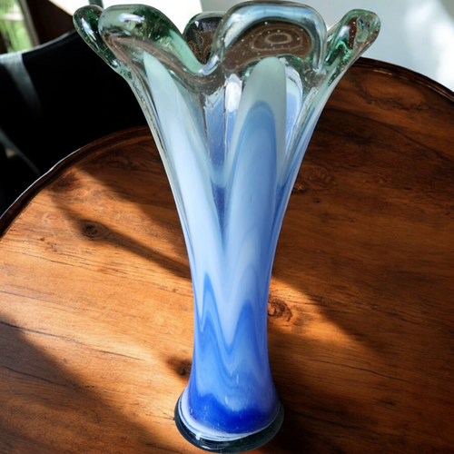 11" Murano Crystal Art Glass Large Hand Blown Vase with Blue Fade Design