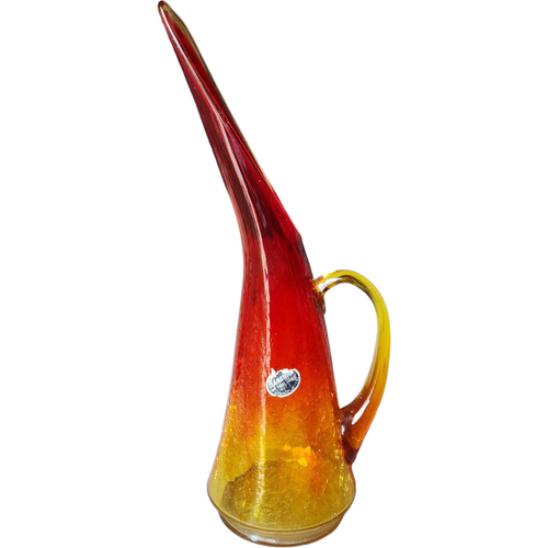 14" Kanawha Dunbar Hand Blown Amberina Crackled Glass Pitcher