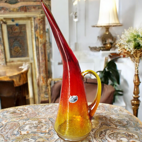 14" Kanawha Dunbar Hand Blown Amberina Crackled Glass Pitcher