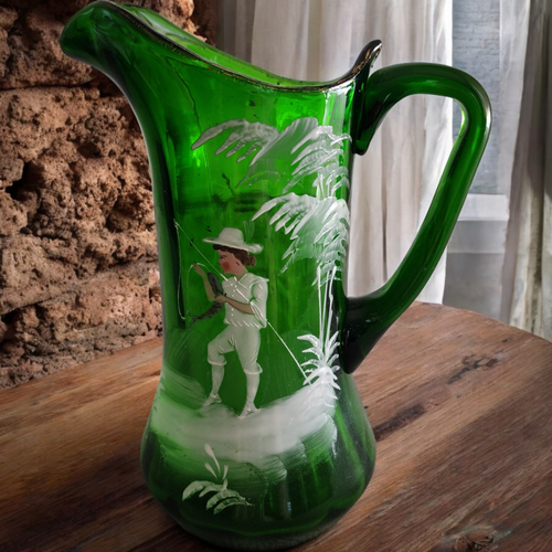 Victorian Mary Gregory White Enameled Figure on Emerald Green Glass Pitcher