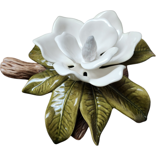 Jamar Mallory Ceramics Studio Cream and Green Ceramic Magnolia Flower Sculpture