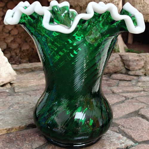 Fenton Emerald Green Snowcrest Flower Vase with Milk Glass Ruffle Rim