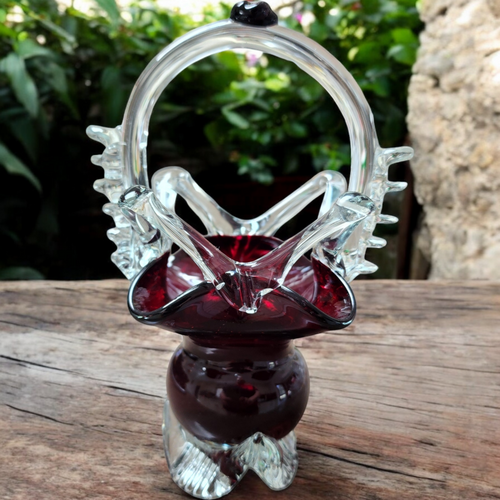 Hand Blown Deep Burgundy and Clear Glass Basket with Intricate Handle