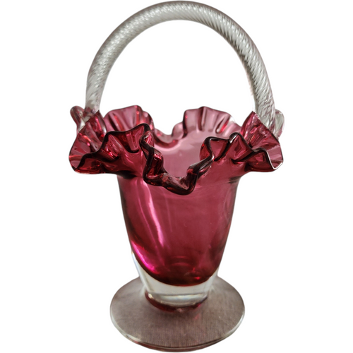 Rossi Cranberry Art Glass Hand Blown Ruffled Glass Basket with Clear Twisted Handle