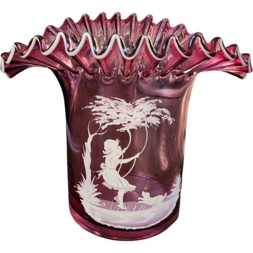 Fenton Cranberry Glass Vase with Mary Gregory Style White Enamel