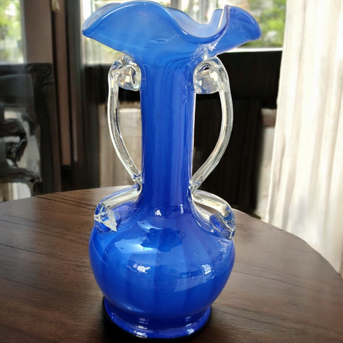 Art Glass Cobalt Blue Fade Stretched Hand Blown Pontil Mark Bud Vase