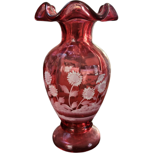 Fenton Cranberry Glass Vase with Hand-Painted White Enamel Flowers Mary Gregory