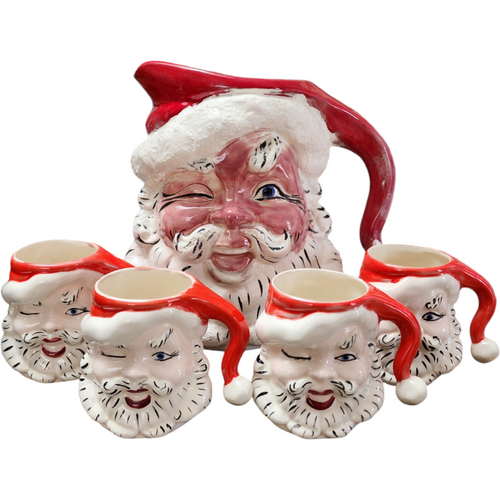 Jamar Mallory Ceramic Studio Festive Santa Ceramic Pitcher and Mug Set Collector's Edition