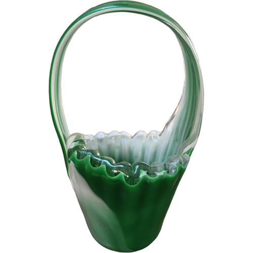 Elegant Hand Blown Green Glass Basket with White Ruffled Trim