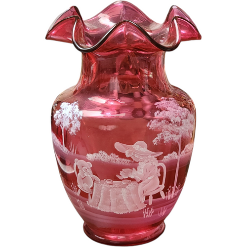 Fenton Cranberry Glass Hand-Painted Mary Gregory Ruffled Rim Vase
