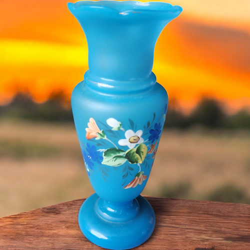 7" Victorian Pontil Mark Bristol Hand Painted Botanical Motifs Vase